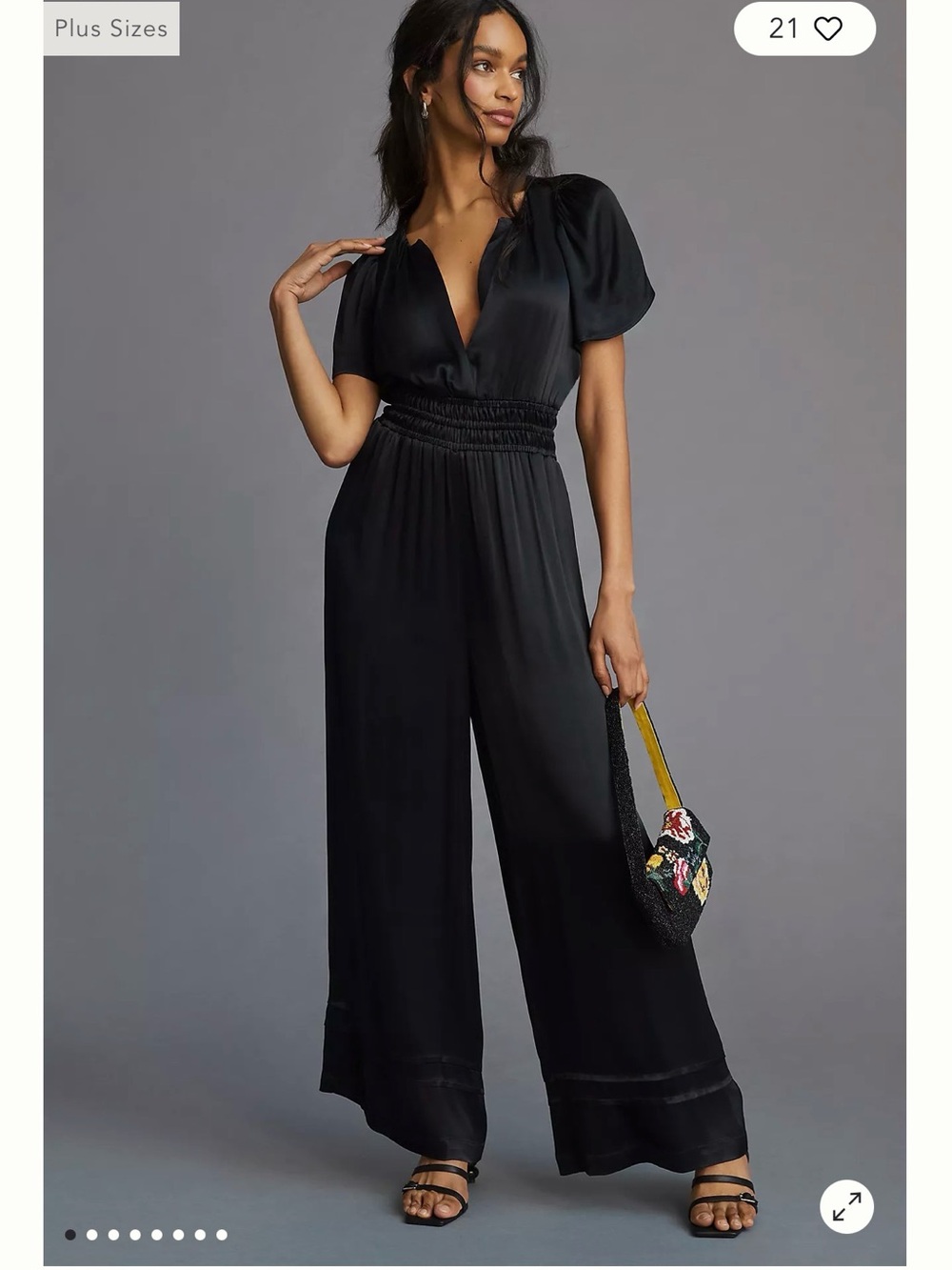 By Anthropologie Black Satin Wide Leg Smocked Waist Jumpsuit Size S